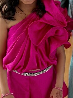 Fuchsia Two-Piece Kids Indian/Pakistani Lahenga with Pearl Waist Detail